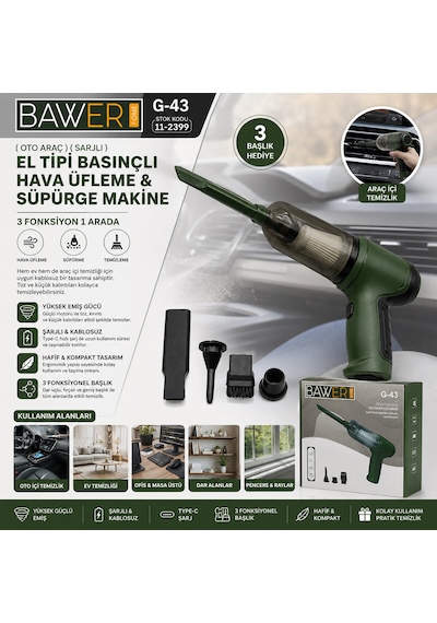 Oto Araç Sarjlı El Tipi Basınçlı Hava Üfleme - Süpürge Makine 3 Başlık G-43 5639