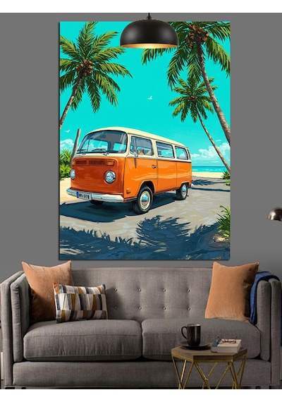 Palmiye Ağaçları Altında Retro Karavan Dekoratif Kanvas - Mdf Ahşap Tablo