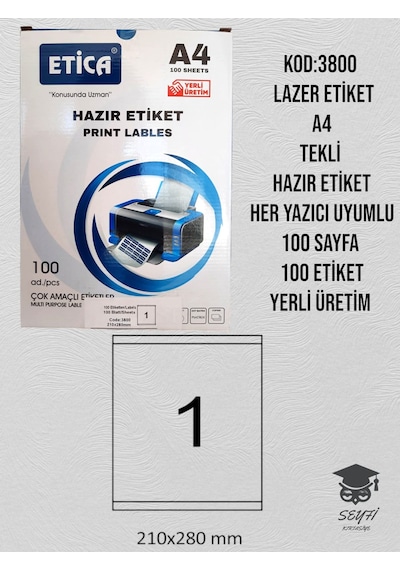 3800 Lazer Etiket A4 Tekli Hazır Etiket Her Yazıcı Uyumlu 100 Sayfa 100 Etiket Yerli Üretim