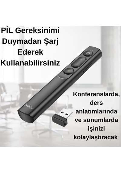 Coofbe 100mt Mesafeli Usb Girişli Şarjlı Rf2.4ghz Projeksiyon Sunum Kumandası Kırmızı Lazer İşaretçili