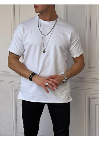 Modefendi Pamuk Likra Yırtmaç Detaylı 2 İplik Oversize Tshirt Beyaz