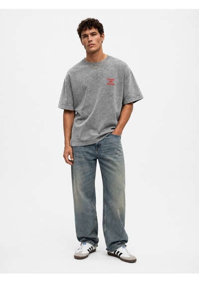 Respire Erkek Puf Baskılı Yıkamalı Oversize T-shirt Gri