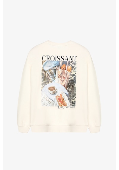 Quzu Kruvasan Baskılı Oversize Sweatshirt Ekru
