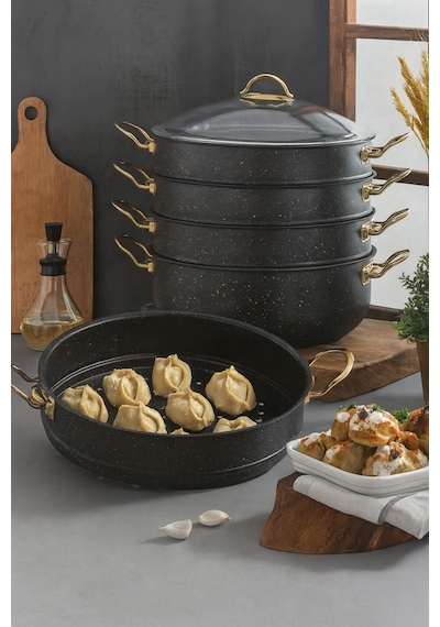 Yunusoğlu Home 30 Cm 5 Katlı Granit Mantı Tenceresi 7.5 Litre, Cam Kapaklı, Orta Asya Yöresel Özel Tasarım Siyah
