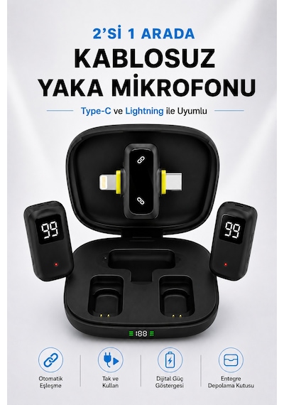 Kablosuz Yaka Mikrofonu 2'li Type-c Lightning Uyumlu Çift Mikrofonlu Gürültü Engelleme Şarj Kutulu