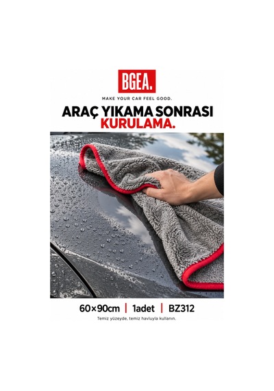 Bgea Mikrofiber Araç Kurulama Havlusu 60x90 Cm Gri Kırmızı Kenarlı 1 Adet