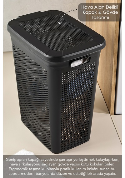 2'li Kirli Çamaşır Sepeti Seti - 40 Litre Kapaklı Delik Detaylı Stash Slim Kirli Sepeti Siyah Siyah