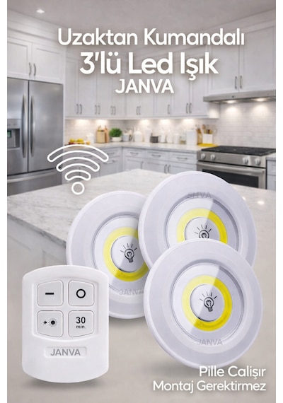 Uzaktan Kumandalı 3 Lü Spot Led Lamba Kablosuz Pilli Işıldak Dolap Işığı Mutfak Rafı Işığı Beyaz