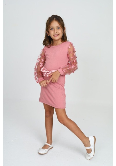 Belden Bağlamalı Tül Detaylı Çocuk Elbise Mykids Collection Pembe