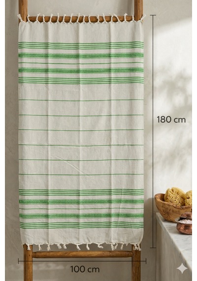 Pamuk Peştemal 100x180 Cm Çizgili Plaj Havlusu, Hamam Havlusu, Sauna Havlusu, Çok Amaçlı Kullanım Yeşil