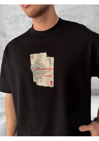 Ön Ve Arka Baskılı Oversize Bisiklet Yaka T-shirt - Siyah Siyah