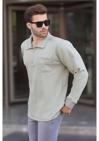 Madmext Mint Yeşili Polo Yaka Fermuarlı Uzun Kollu Erkek Sweatshirt 7057