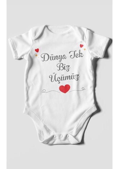 Morivokids Dünya Tek Biz Üçümüz Kısa Kollu Bebek Body %100 Pamuk Beyaz