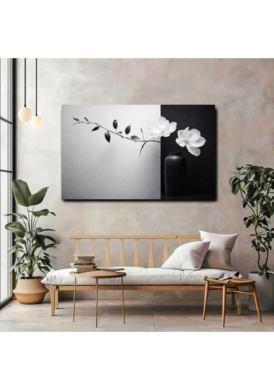 Siyah Beyaz Çiçekli Minimal Kanvas Tablo