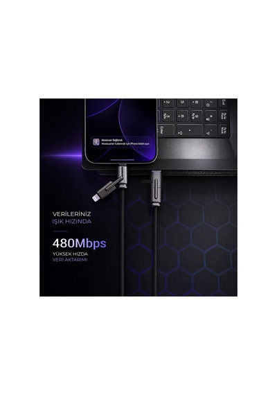 Bix Bx4ın1c 65w Usb-a & Type-c & Lightning Çok Fonksiyonlu Örgülü Şarj Ve Data Kablosu 1.2 Metre Siy
