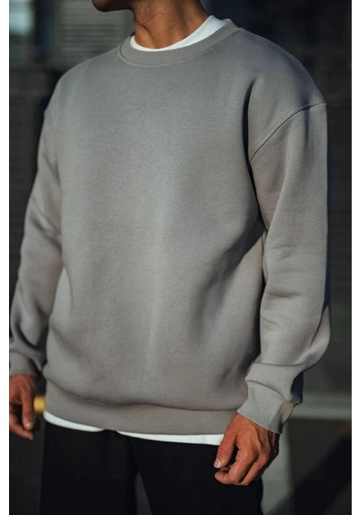 Erkek Bisiklet Yaka 3 İplik Pamuklu Basic Sweatshirt - Boyalı Gri