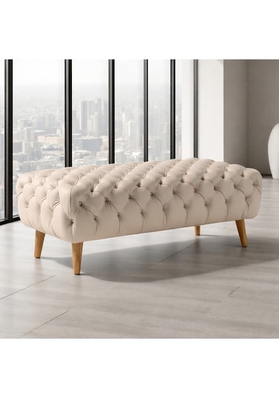 Smarto Relax Swiss Style Puf Adelboden Kapitone Puf,baby Face Polyester Kaplama,ahşap Ayaklı 100x50x45 Cm Kapitone Puf,ayaklı Bej Ekru