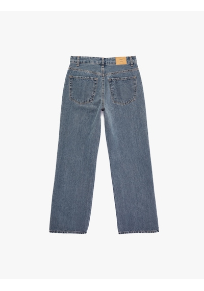 Koton Pamuklu Cepli Düğmeli Yüksek Bel Düz Paça Denim Pantolon - Straight Fit Jean Açık İndigo 6sal40111md