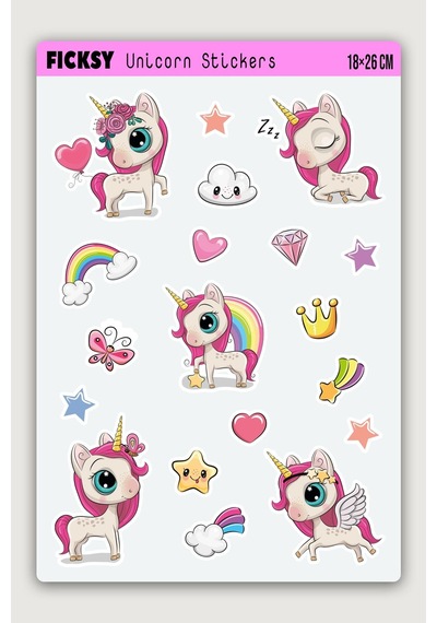 Unicorn Tek Boynuzlu At Sticker Seti - 19 Adet Etiket Çıkartma Diğer