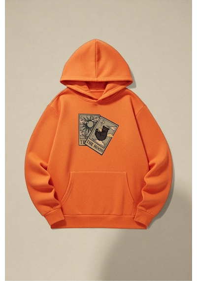 Uyguntarz Unisex The Moon Tarot Kart Tasarım Baskılı Kapüşonlu Sweatshirt Turuncu