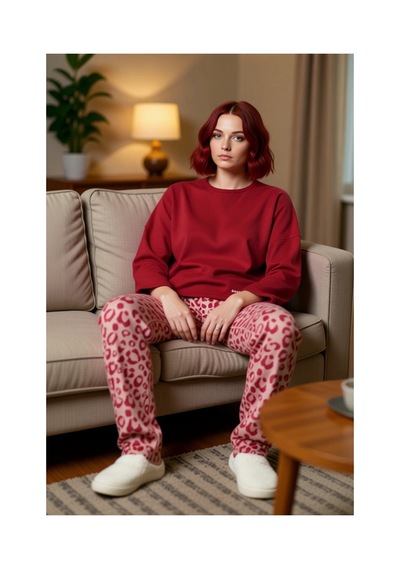 Ersefa Kadın Leopar Desenli Polar Pijama Takımı Fonksiyonel Dayanıklı Ka Kırmızı