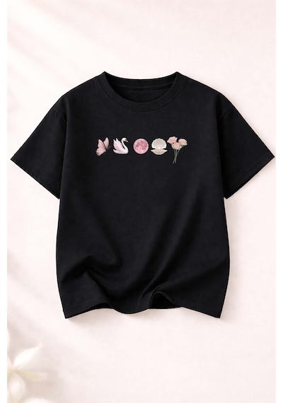 Herkesemoda Minimal Baskı Detaylı Kadın Bisiklet Yaka Pamuklu T-shirt Siyah