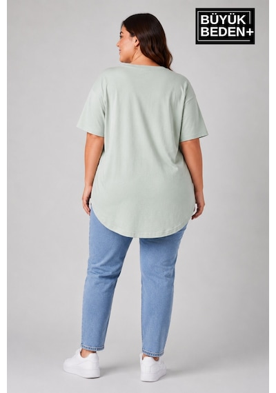 Superlife Büyük Beden Kadın Bisiklet Yaka Basic Oval Etek Detalylı 3xl-6xl Uzun Tunik Spr26btsk502 Yeşil