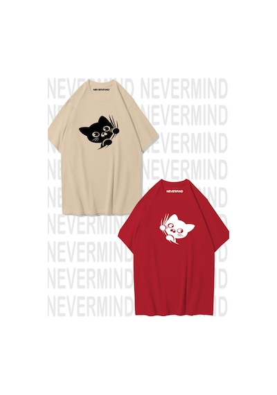 Nevermind Sevimli Cat Temalı Unisex Çift Tişörtü Bej-Kırmızı