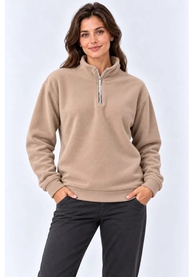 Polar Dik Yaka Yarım Fermuarlı Uzun Kollu Regular Fit Kışlık Sweatshirt - Bej