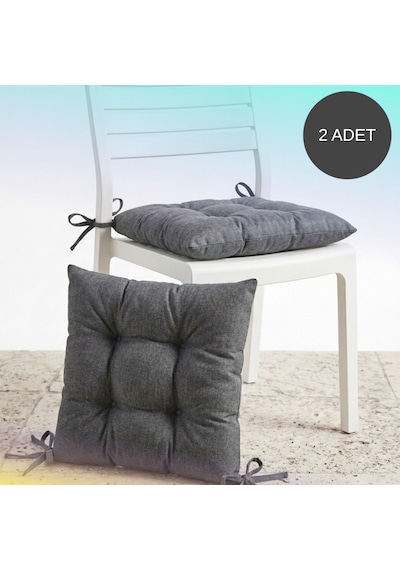2'li Set 45x45 Cm Antrasit Bağcıklı Sandalye Minderi - Pamuk Polyester Kumaş Kırpıntı Süngerli Bahçe Ve Mutfak Sandalye Minderi Antrasit - Gri