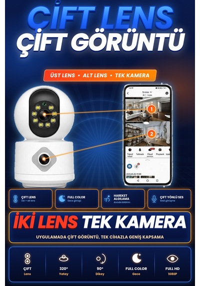Homesmart Çift Lensli Wifi Güvenlik Kamerası Döner Başlıklı Renkli Gece Görüşlü Hareket Algılamalı İki Yönlü Sesli Akıllı Ev Kamerası