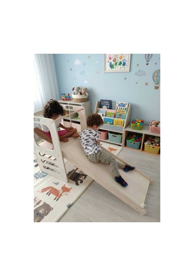 Montessori Ahşap Oyun Kulesi Çift Taraflı Kaydırak Ve Tırmanma Rampası Ham Naturel Diğer