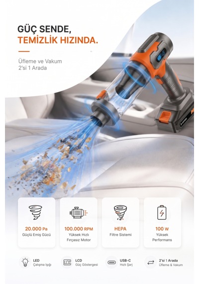 20000pa Kablosuz Araç Süpürgesi Üfleme Vakum 2'si 1 Arada 100000 Rpm Şarjlı El Süpürgesi Hepa Filtre Antrasit