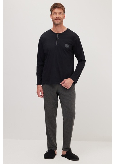 Tudors Erkek Standart Fit Normal Kesim %100 Pamuk Bisiklet Yaka Beli Lastikli Antrasit Pijama Takımı-37943 Antrasit