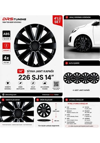 14 Inc Kırılmaz Sks Parlak Siyah Jant Kapağı 1 Takım 4 Adet No:226