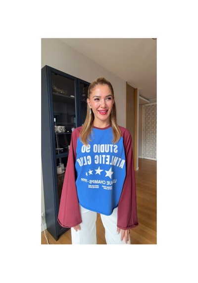 Jenerik Mavi Bordo Reglan Kollu Oversize Uzun Kollu Tişört Renksiz