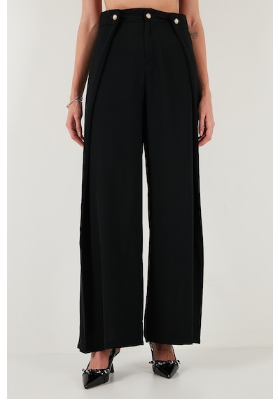 Lela Düğmeli Pile Detaylı Wide Leg Yüksek Bel Geniş Paça Bayan Pantolon 68351133 Siyah