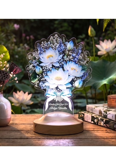 Nilüfer Lotus Çiçek Buketi Led Lamba - Kadına Doğum Günü Hediyesi Işıklı Solmayan Çiçek Nilüfer Lotus Buketi
