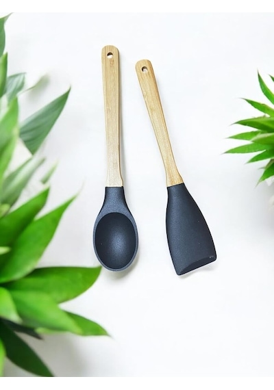 Silikon 2 Parça Kaşık Spatula Set Büyük Boy 28cm Siyah Genel