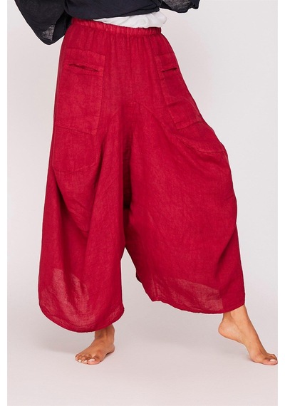 Bohem Stil İtalyan Cepli Keten Şalvar Pantolon 36-48 Beden Arası -8746 Bordo