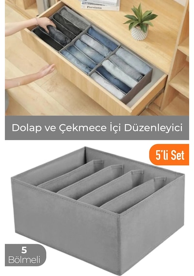 Serstil 5 Adet - 5 Bölmeli Dolap Ve Çekmece Içi Düzenleyici Saklama Kutusu Organizer - Antrasit