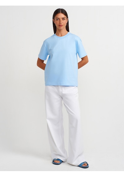 Dilvin 30312 %100 Pamuk Dekoratif Dikişli Bisiklet Yaka T-shirt-açık Mavi Açık Mavi