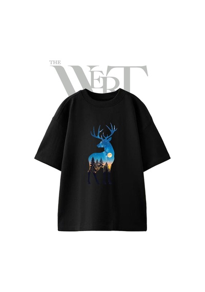 Thewert Geyik Ay Orman Tasarım Baskılı Ünisex Siyah Oversize T-shirt