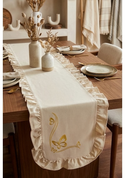 Nakış Detaylı Fırfırlı Masa Runner 40x120 Cm Şık Dekoratif Masa Ve Konsol Örtüsü Açık Krem