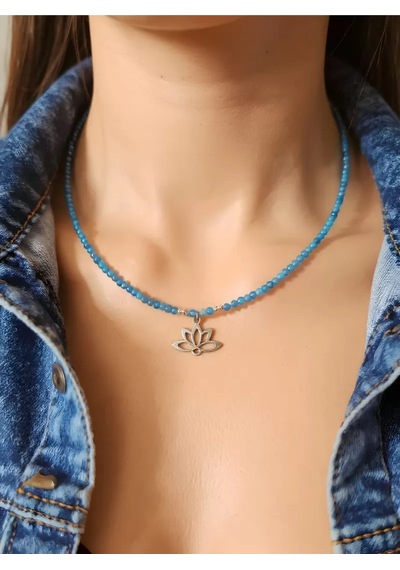 Doğaltaş Apatit Lotus Çiçeği Kolye Mavi
