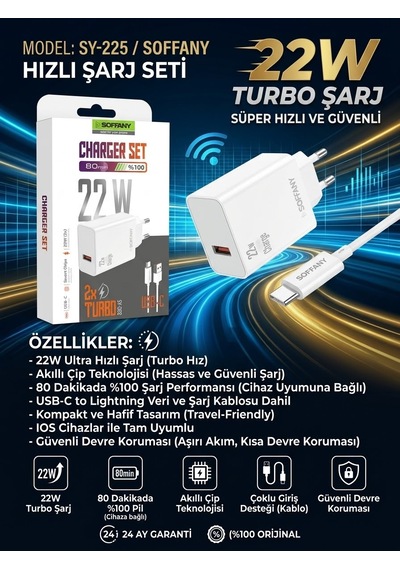 Soffany Sy-225 22w Süper Hızlı Turbo Şarj Adaptörü - Lisinya Beyaz