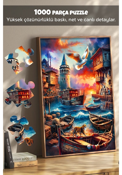 2 Adet 1000 Parça Puzzle - Galata Kulesi Manzaralı Ve Limanda Sakinlik Yapboz 68x48 Cm