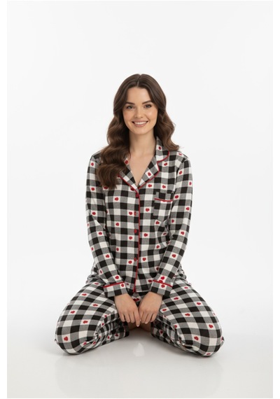 Luxury Viscose Siyah Beyaz Kareli Kalp Desenli Kadın Uzun Kollu Pijama Takımı 42564 Gri