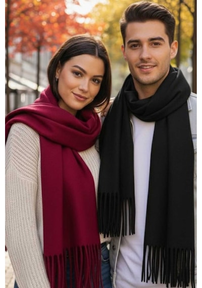 Tezzgelsin Unisex Yumuşak Dokulu Püsküllü Kışlık Buklet Atkı Şal 2'li Set Bordo -siyah