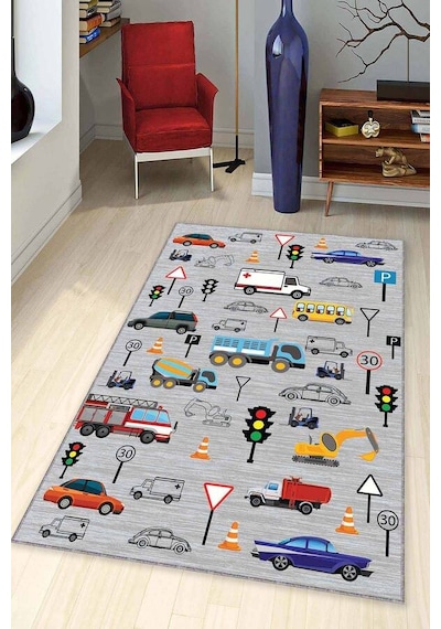 Gri Kaymaz Tabanlı Yıkanabilir Arabalı Çocuk Halısı Ck030n11